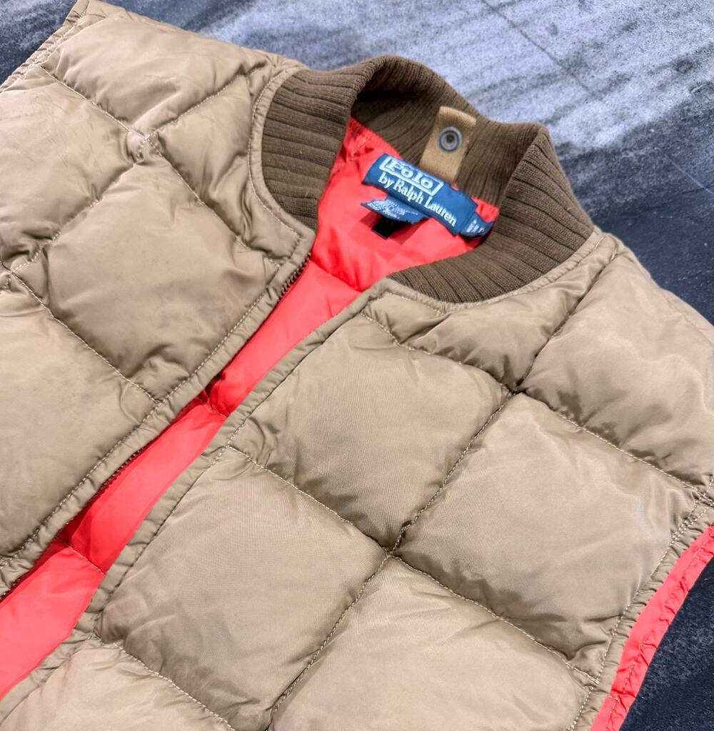 Vintage Polo Ralph Lauren Down Puffer Vest Mens L Tan Orange Lined Rib Collar